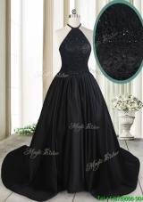 Pretty Halter Top Taffeta Laced and Beaded Black Prom Dress with Brush Train