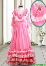 Elegant High Neck Long Sleeves Brush Train Prom Dress with Ruffled Layers and Lace
