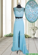 Two Piece See Through Brush Train Aquamarine Prom Dress with Beading and High Slit