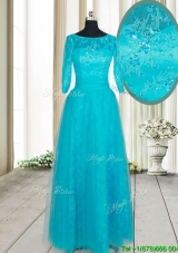 Hot Sale See Through Scoop Applique and Beaded Long Prom Dress with Half Sleeves
