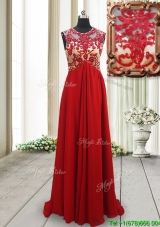 New Arrivals Applique Scoop Brush Train Red Prom Dress with Open Back