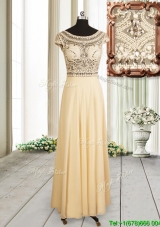 Beautiful See Through Scoop Champagne Chiffon Prom Dress with Cap Sleeves