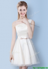 Sweet One Shoulder Bowknot Tulle Bridesmaid Dress in Off White