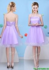 Pretty Strapless Bowknot Lavender Bridesmaid Dress with Lace Up