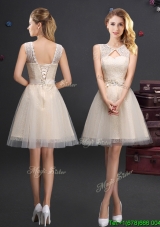 Hot Sale Scoop Laced and Applique Champagne Bridesmaid Dress