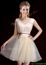 Pretty V Neck Belted and Applique Short Prom Dress in Organza