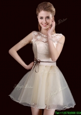 Classical See Through Laced and Belted Organza Champagne Prom Dress