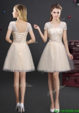 Popular Laced Short Sleeves Champagne Prom Dress in Tulle