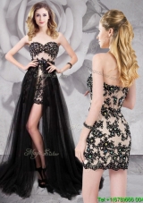 Elegant Tulle Black Detachable Prom Dress with Appliques and Beading