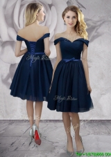 New Style Off the Shoulder Navy Blue Prom Dress in Knee Length