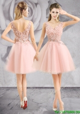 Hot Sale V Neck Applique Short Prom Dress in Baby Pink