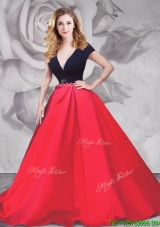 Best Selling Deep V Neck Short Sleeves Prom Dress in Red and Black