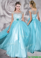 See Through Bateau Aquamarine Prom Dress with Appliques and Beading
