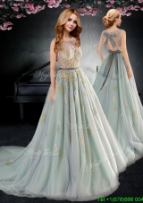 Pretty See Through Scoop Applique and Bowknot Prom Dress in Tulle
