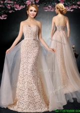Classical Column Strapless Peach Prom Dress in Tulle and Lace