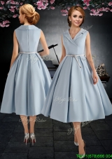 New Style A Line V Neck Light Blue Prom Dress with Belt