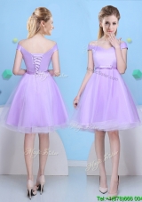 2017 Elegant Deep V Neckline Lavender Dama Dress with Cap Sleeves