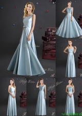 2017 Best Selling Elastic Woven Satin Long Dama Dress in Light Blue