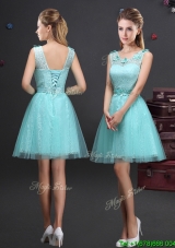 Best Selling Applique and Laced Belted Aquamarine Prom Dress