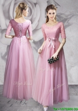 Luxurious Laced and Bowknot Long Prom Dress with Half Sleeves