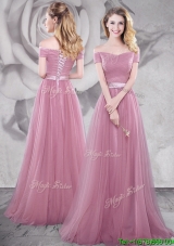 2017 Popular Brush Train Off the Shoulder Prom Dress in Pink