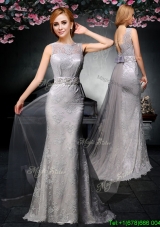 2017 Lovely Belted and Laced Backless Grey Prom Dress with Watteau Train