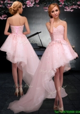 Latest Lace Up Applique Baby Pink Prom Dress in Asymmetrical
