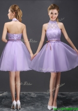 New See Through Halter Top Belted and Laced Lavender Prom Dress
