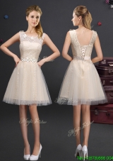 Fashionable Scoop Champagne Prom Dress with Lace and Belt