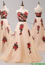Beautiful Hand Made Flowers and Belted Prom Dress with Brush Train