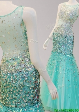 See Through Scoop Mermaid Tulle Prom Dress with Beading