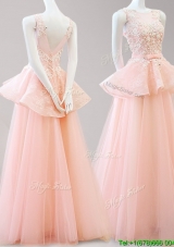 Latest Scoop Backless Peach Prom Dress with Belt and Appliques