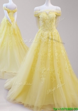 Gorgeous Off the Shoulder Cap Sleeves Yellow Prom Dress with Beading and Appliques