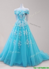 Elegant Off the Shoulder Beaded and Applique Prom Dress in Aqua Blue