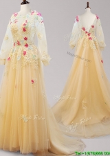 See Through Scoop Long Sleeves Applique Prom Dress with Brush Train