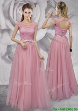 Gorgeous Scoop Cap Sleeves Laced Prom Dress in Pink