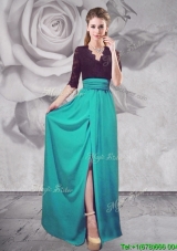 Half Sleeves V Neck Turquoise Prom Dress with Lace and High Slit