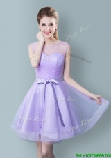 Romantic Scoop Bowknot Lavender Short Dama Dress in Tulle