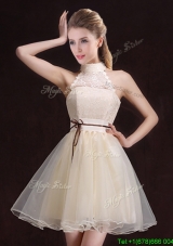 Popular See Through Halter Top Belted Organza Short Dama Dress