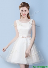 New Style Bowknot Scoop Off White Short Dama Dress in Tulle