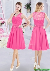 Beautiful Hot Pink Side Zipper See Through Back Laced Dama Dress