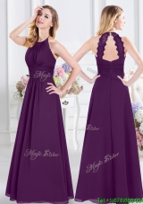Perfect Halter Top Purple Long Dama Dress with Ruching and Lace