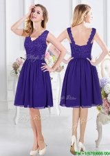 Top Seller V Neck Laced Bodice Chiffon Dama Dress in Purple
