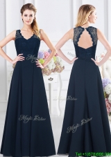 Cheap Lace Bodice Navy Blue V Neck Dama Dress with Open Back
