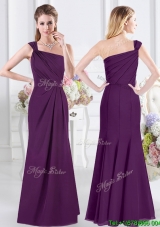New Style Side Zipper Purple Column Dama Dress with One Shoulder