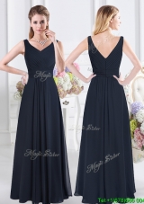 Discount Ruched Bodice Chiffon Navy Blue Dama Dress with Zipper Up