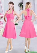 New Style Halter Top Hot Pink Short Bridesmaid Dress with Ruching