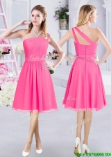 Hot Sale A Line One Shoulder Hot Pink Bridesmaid Dress in Knee Length