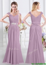Classical V Neck Column Cap Sleeves Bridesmaid Dress with Ruching and Beading