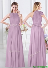 Exclusive High Neck Zipper Up Chiffon Long Bridesmaid Dress in Lavender